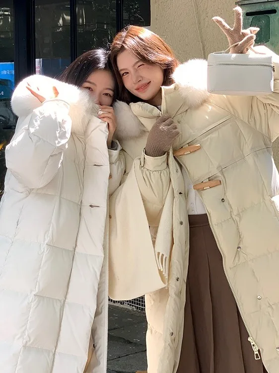 

Женское пуховое пальто 2025: Новинка, корейский стиль, средней длины, утепленное, модное, зимнее, длинное, теплое, пушистое, белое, из утиного пуха