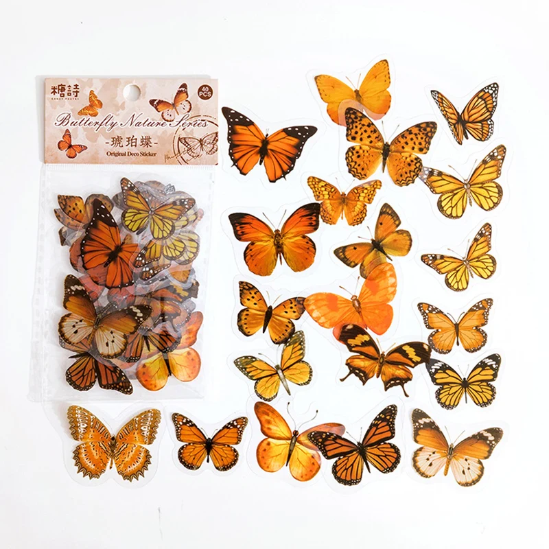 40 Piece/Pack Colorful Butterfly Retro Art Handbook Diary DIY Decoration PET Sticker for Album Notebook Girl Decorative Supplies