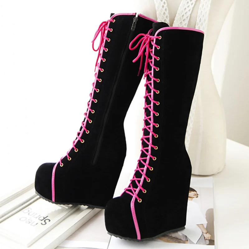 Fashion Knee High Boots Women Platform Sexy Wedge Heels Women's High Boots Flock Lace-up Round Toe Black Dance Shoes For Girls image 3