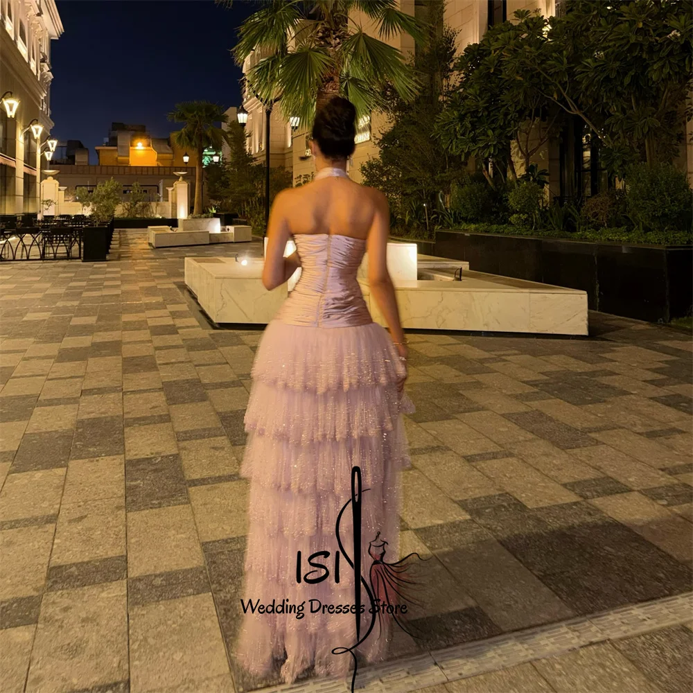 ISI Elegant Pink Halter Formal Prom Dress Ruffles Tiered Multi Layer V-Neck Beaded Sequin Party Dress Customized Cocktail Dress