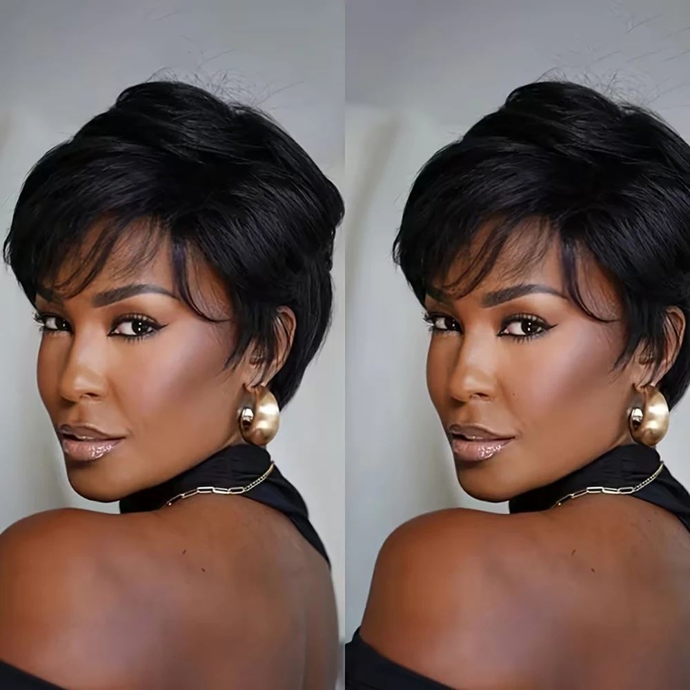 Короткие прямые парики из натуральных волос Парик с стрижкой пикси с предварительно выщипанной челкой Бразильские волосы для женщин Полный машинный парик с прямой кепкой