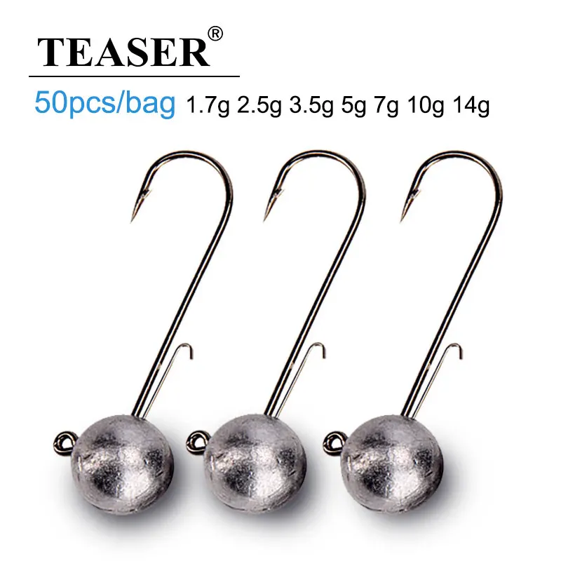 TEASER W001 50pcs/lot NED Head Jigs Fishing Hook 1.7g-14g Round Ball Jig Head Hook Weedless Long Shank Soft Worm Fishing Hooks