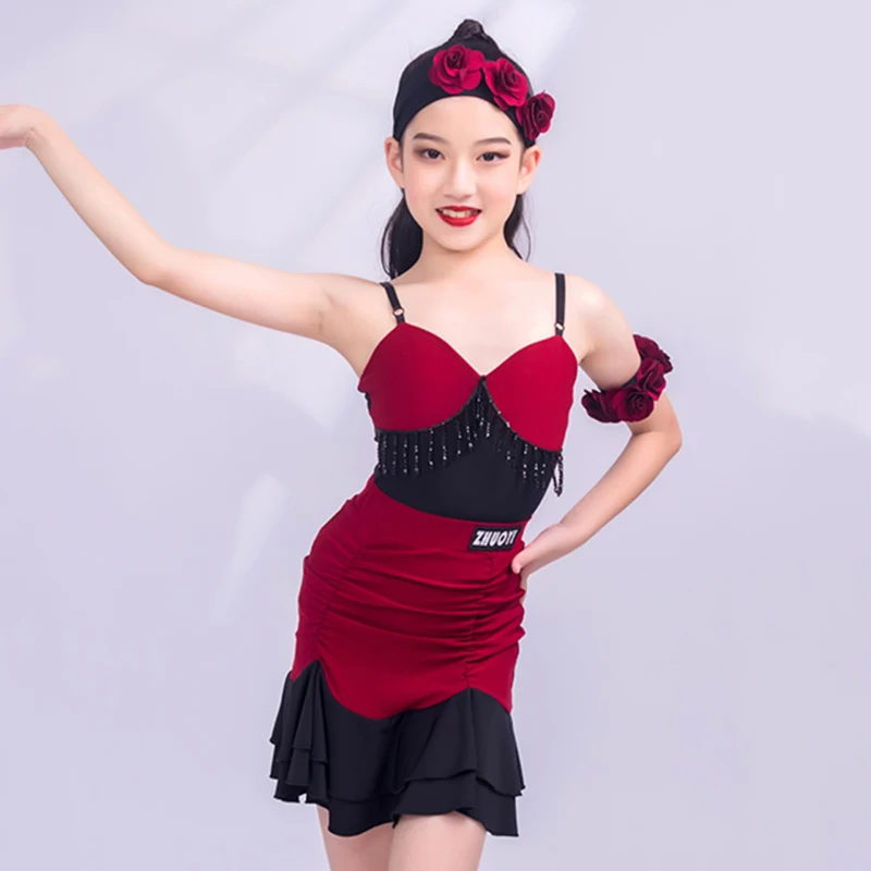 

New Summer Girls Latin Dance Dress Fringe Dance Clothes Kids Cha Cha Rumba Dance Performance Competition Dress Red Suit DNV19391