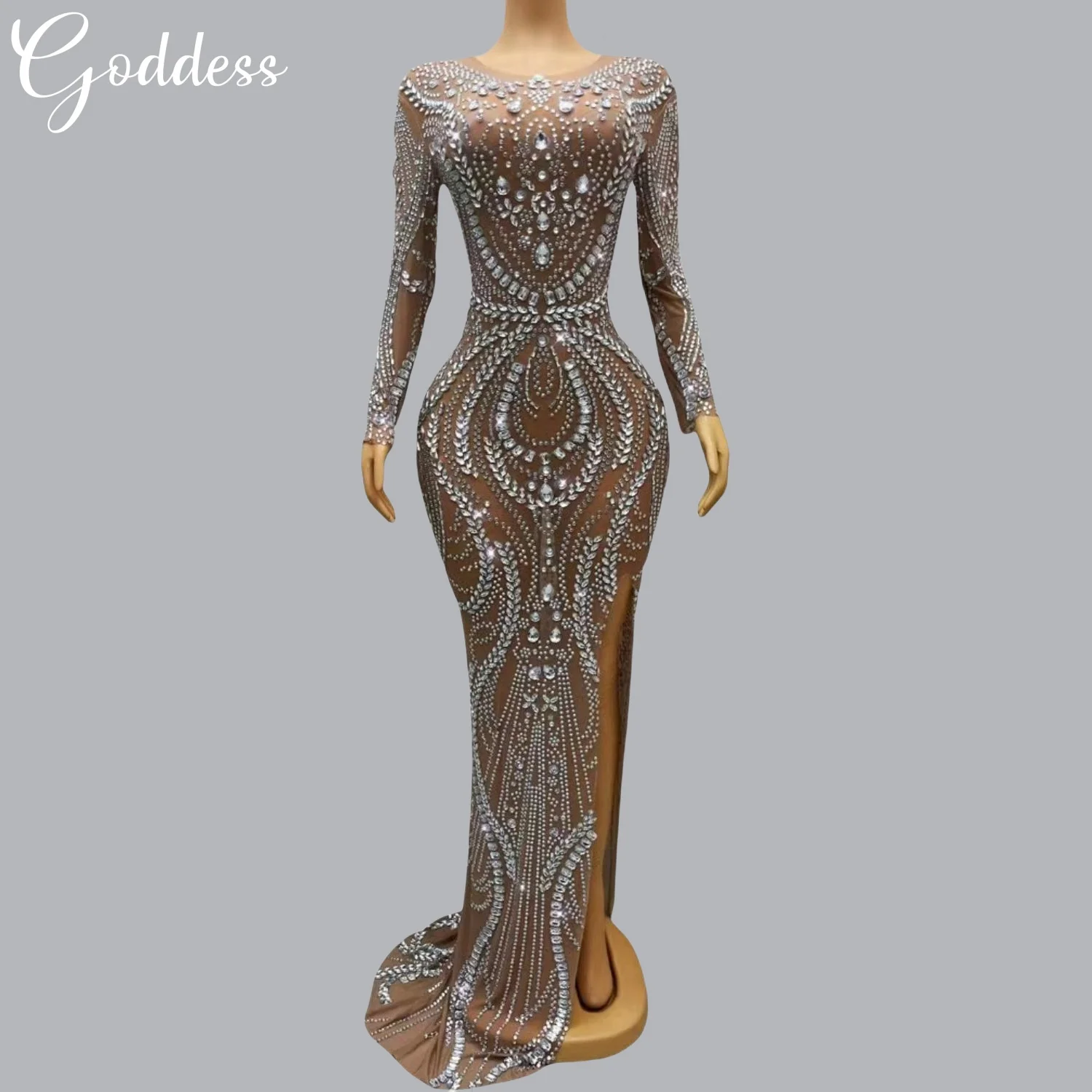 

Fashion Luxury Rhinestone Evening Party Dress Women Sexy Long Sleeve Crystal Mermaid Dress Birthday Prom Long Dress Singer Wear