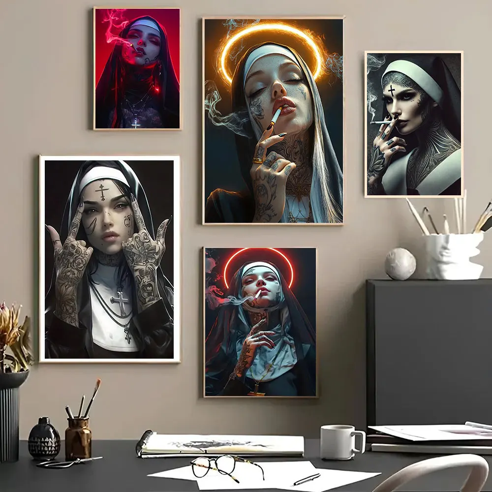 Sexy Tattoo Machine Gun Nun Poster Print Christian Smoking Nun Canvas Painting Living Room Background Bar Cafe Wall Home Decor