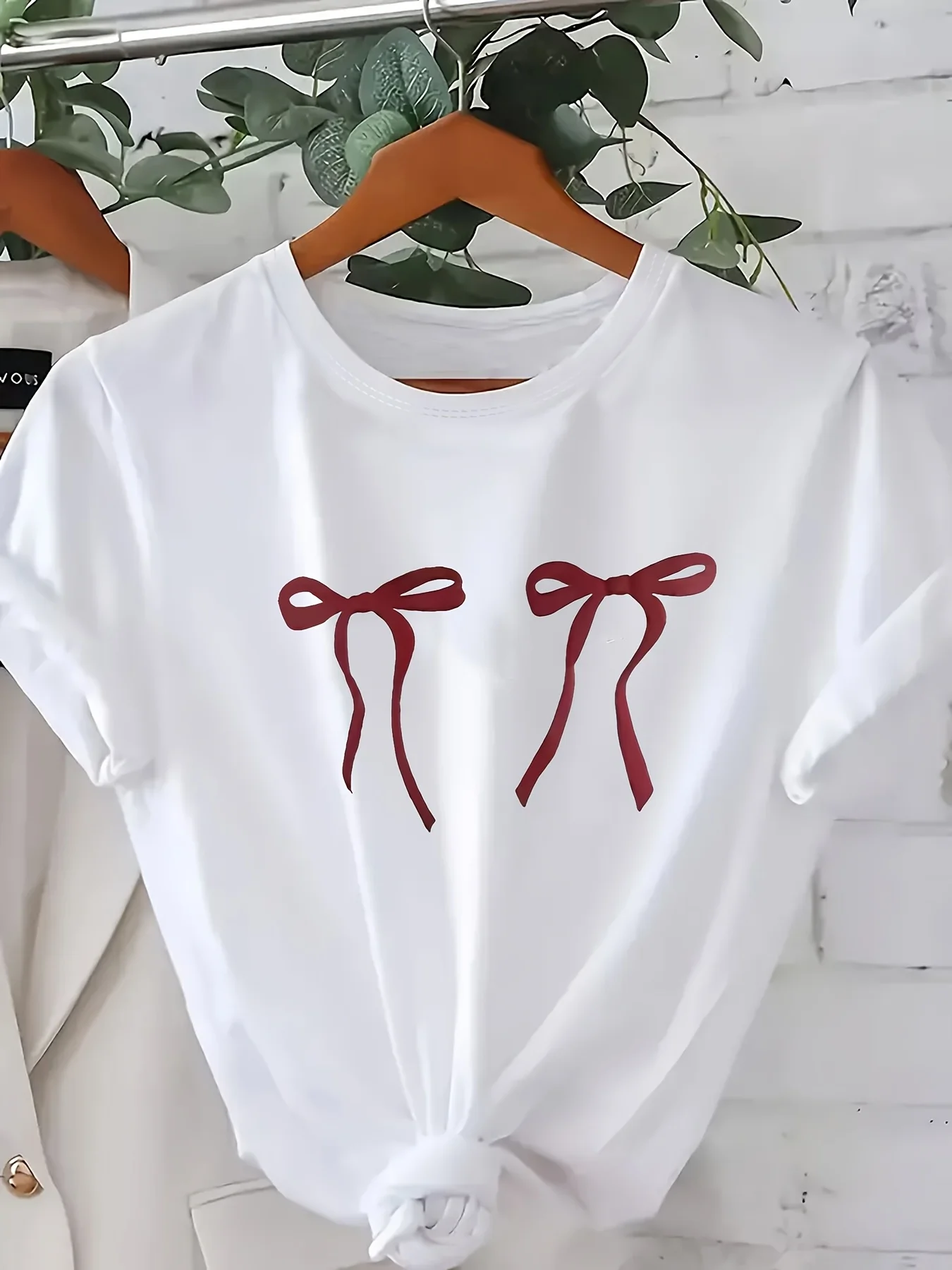 Same Style Product Europe and America Fashion Beautiful Bow-Knot Pattern Print Comfortable Elegant Round Neck Short Sleeve Top