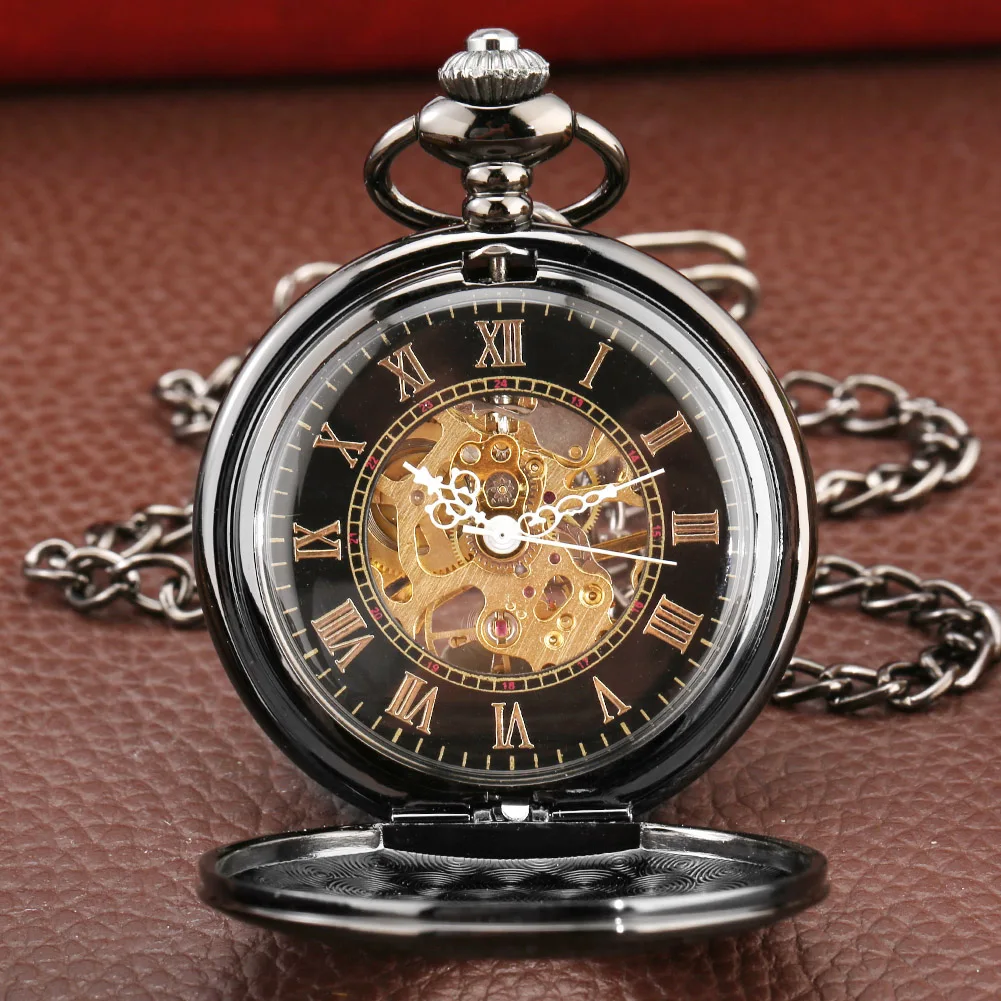 Classic Vintage Men's Mechanical Hand Winding Pocket Watch Roman Numerals Watch Case Fob Chain Pendant Clock Antique Gift Man