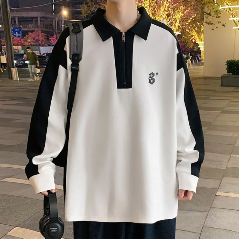 2023 Spring and Autumn Fashion Trend Half Zip Polo Collar Panel Contrast Color Casual Loose Fit Student Versatile Simple Sweater