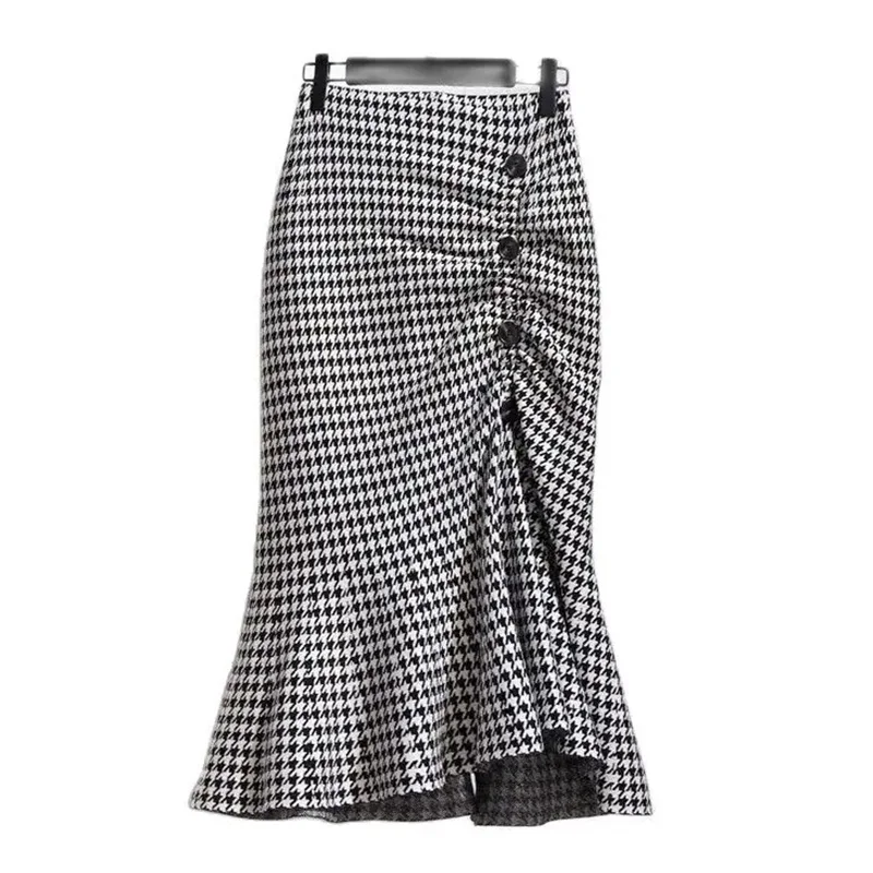Trumpet Houndstooth Vintage High Waist Buttons Women\'s Skirt Mermaid Mid-Calf Long Skirts For Women Women Clothing Fashion 2024