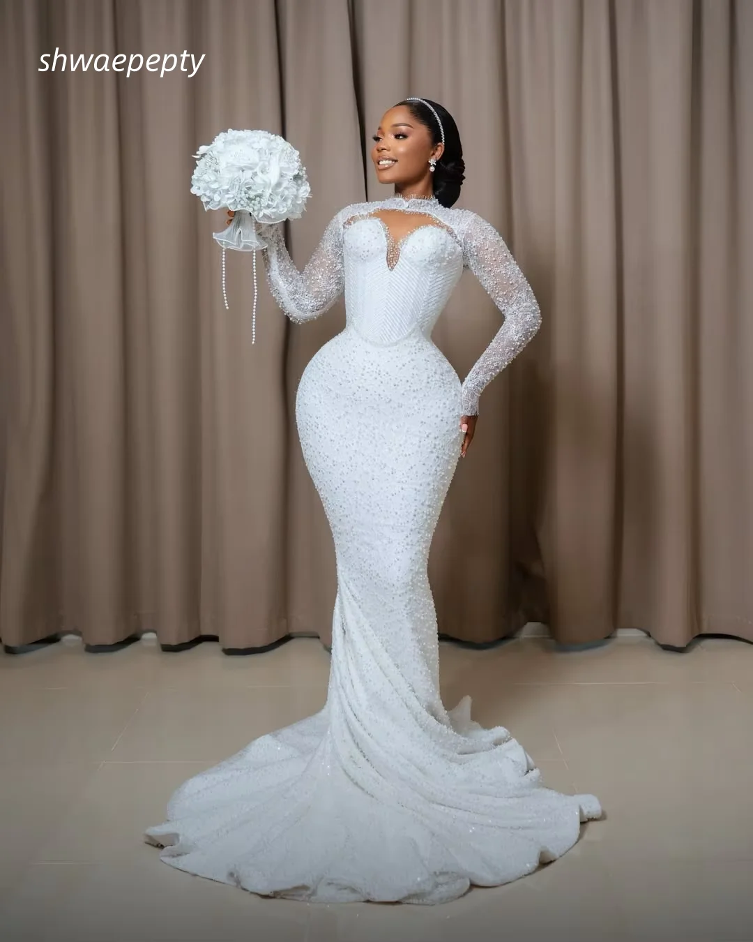 High Neck Mermaid Lace Wedding Dress Long Beaded Corset White Bridal Gown Chapel Train African Exqusite Bride Dress Customized