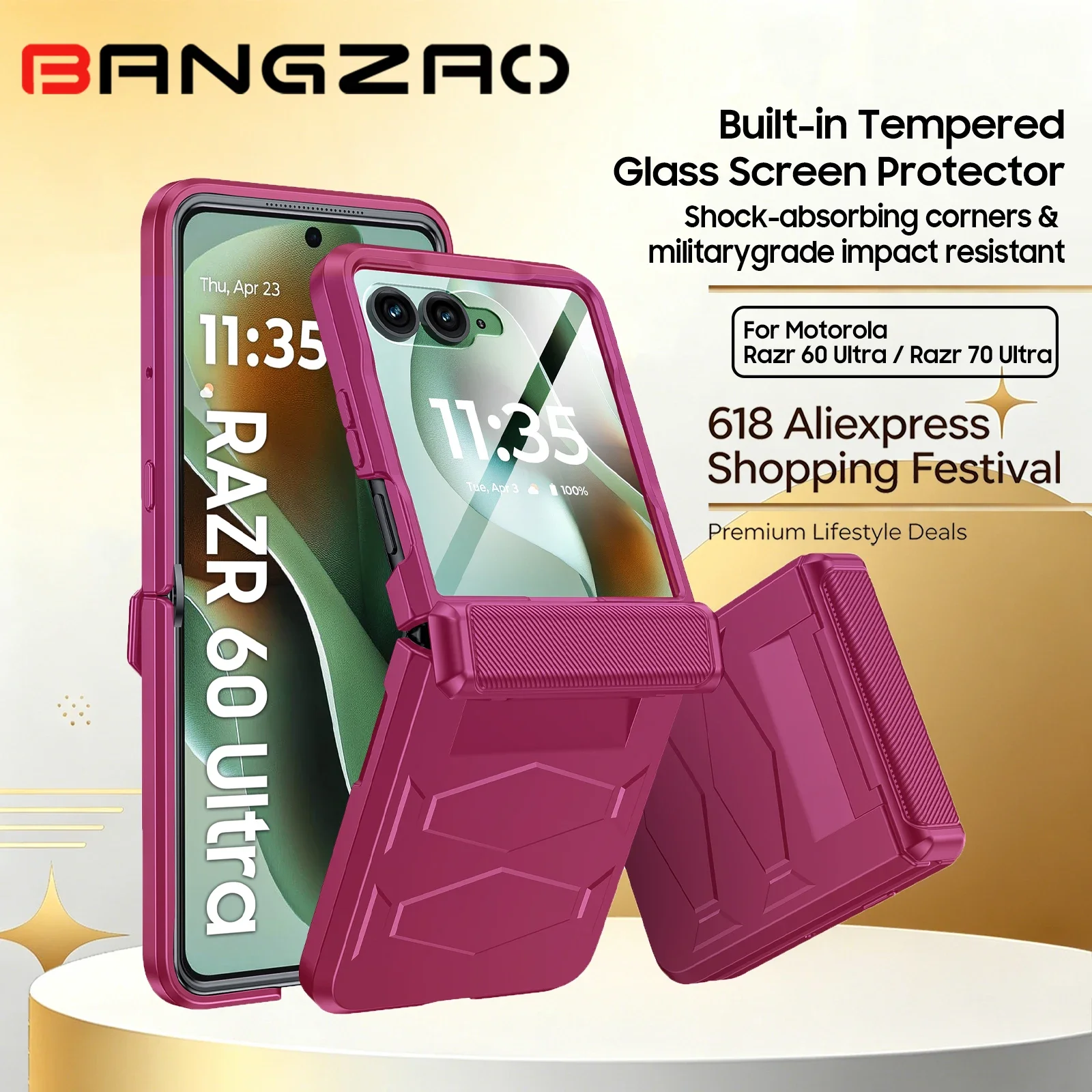 ¡Oferta 618! Funda Protectora para Motorola Razr 60 Ultra/70 Ultra con Cristal Templado HD Incorporado, Protección de Grado Militar Contra Caídas, Protección de Bisagra - Rojo Rosa