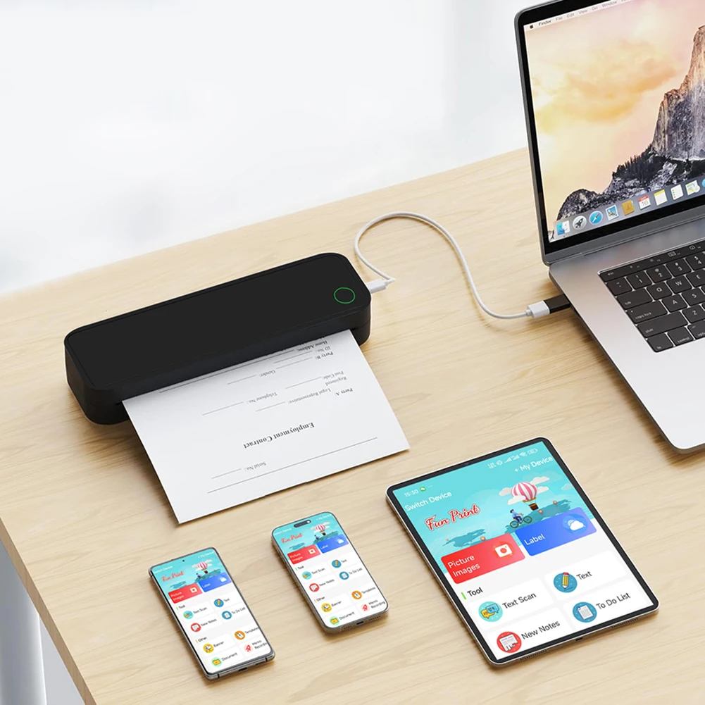 طابعة حرارية محمولة مقاس A4 بدون حبر، طابعة سفر محمولة لاسلكية متوافقة مع تقنية Bluetooth مع ورق طباعة للهواتف الذكية والكمبيوتر الشخصي