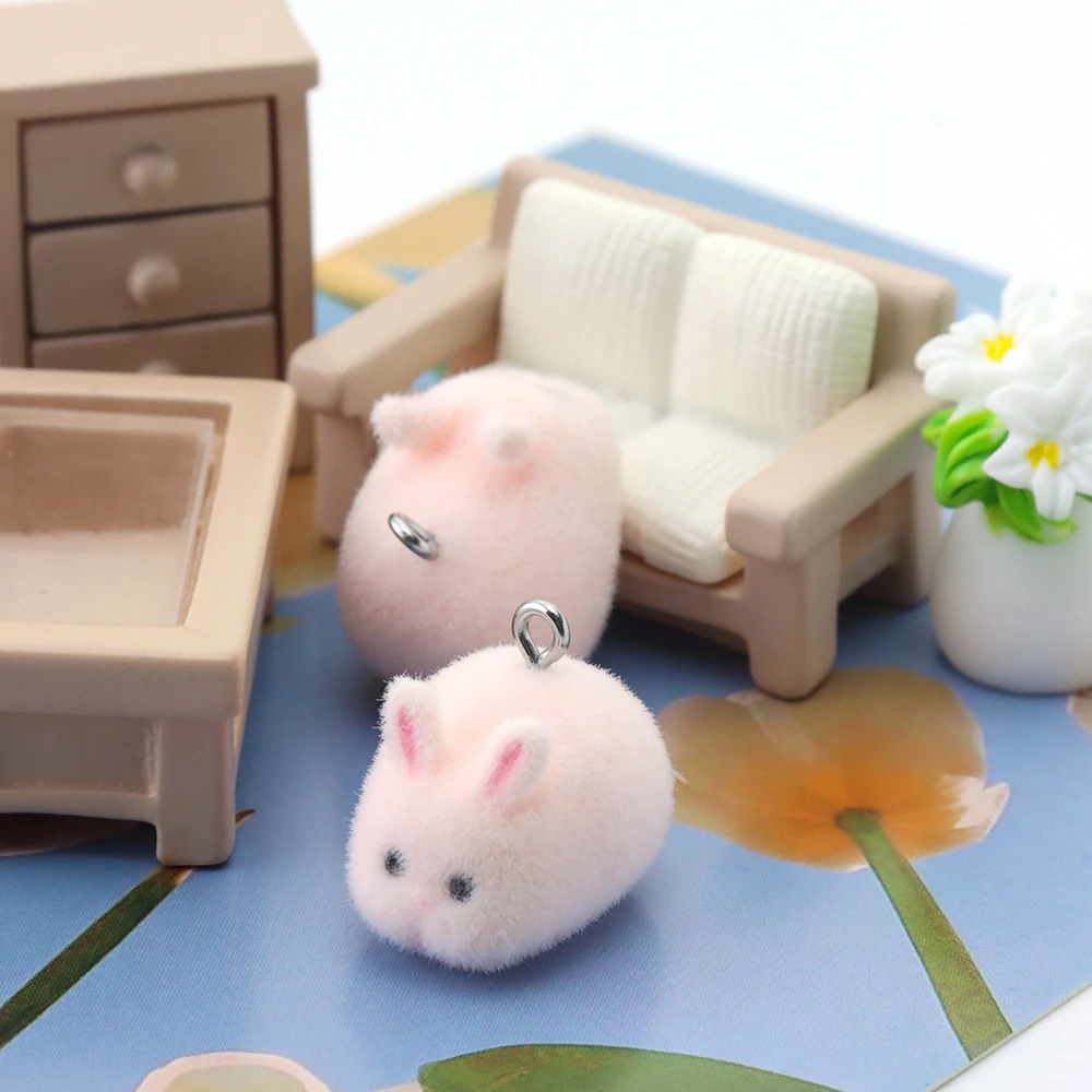 20Pcs 3D Flocking Resin Cute Rabbit Charms Cartoon Animal Pendant for Earrings Keychain Necklace Making DIY Jewelry Accessories