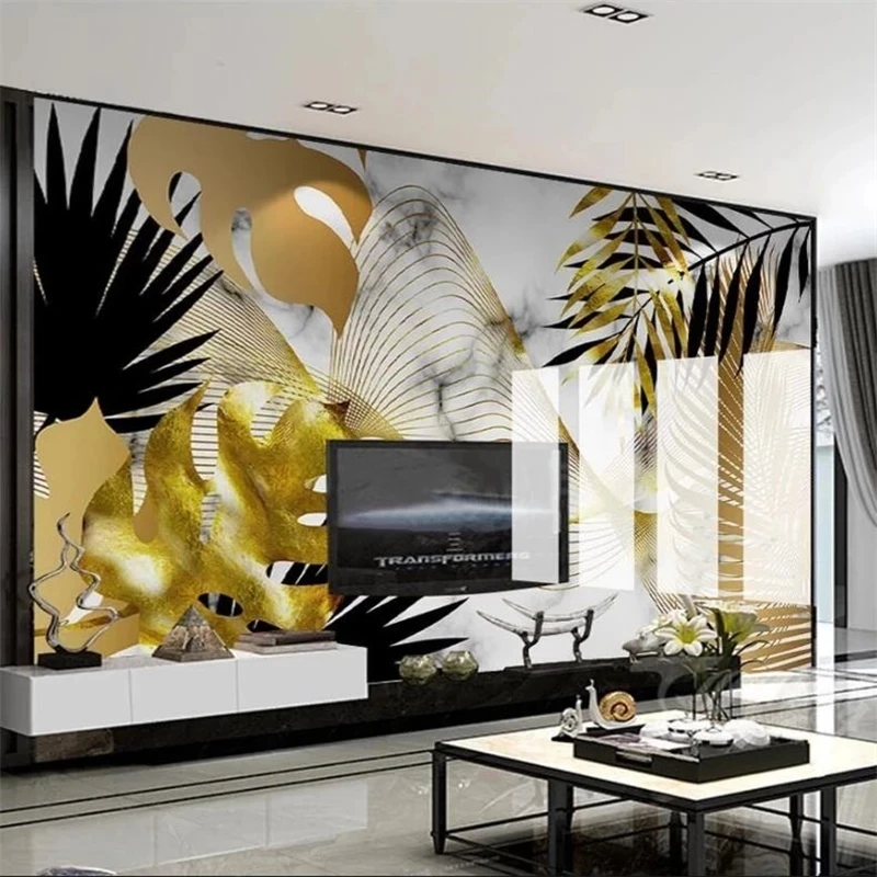 Customized wallpaper Nordic hand drawn tropical plants golden leaves abstract Living room TV background bedroom restaurant Hotel