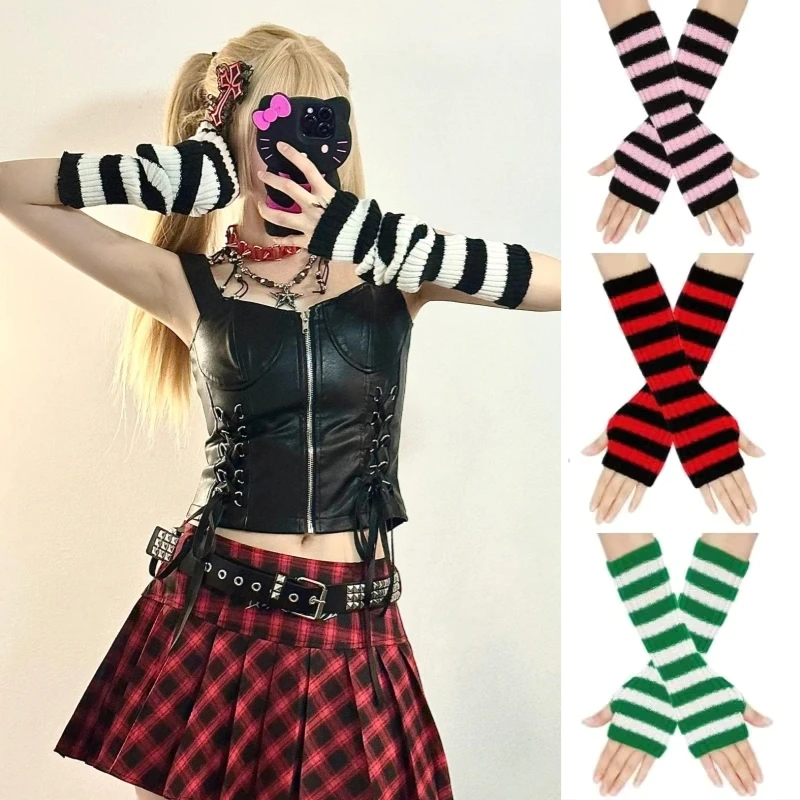 

Y2k Knitted Arm Sleeves Gothic Striped Long Arm Warmers Girls Harajuku Fashion Wrist Gloves Women Wenter Fingerless Gloves