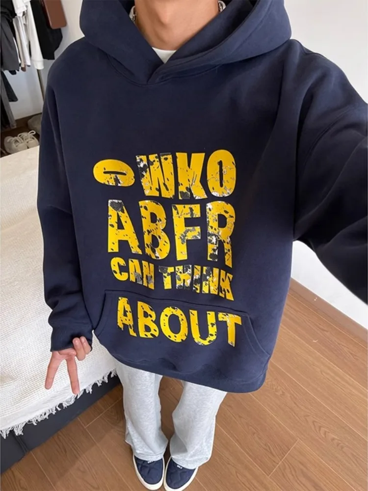 

Oversize American Sle Hoodie Men's Autumn Couple Outerwear Letter Print k Blue Heavyweight Casual Loose Fit Polyester Co...