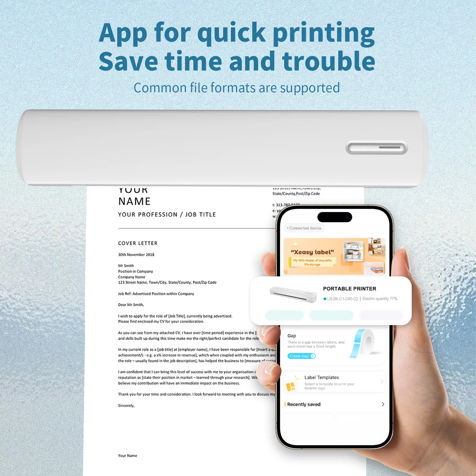 Draagbare printer Draadloos Inktloos Thermisch A4 C80 300DPI US-letter Mobiele printer Ondersteuning Android iOS voor reizen Werk Thuis