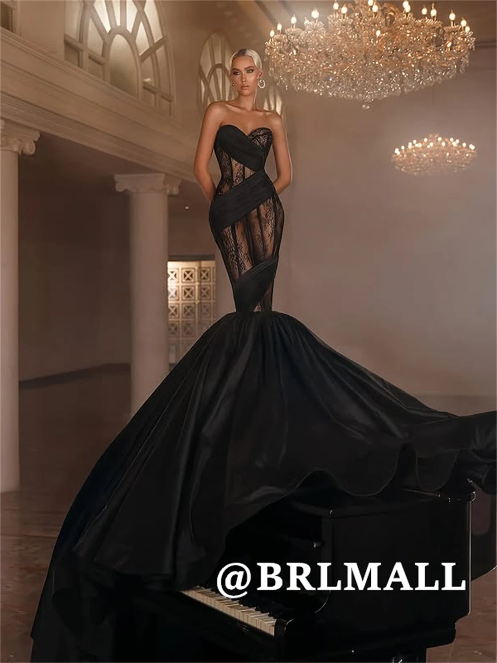 

BRLMALL Sexy Ilusion Lace Prom Dress for Women Sleeveless Mermaid Long Evening Dresses 2025 Satin Train Party Prom Gown