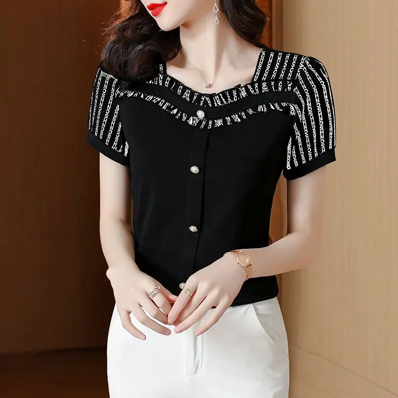 Elegant Spliced Ruffles Letter Printed Puff Sleeve Blouse Women\'s Clothing 2023 Summer New Oversized Casual Tops Sweet Shirt