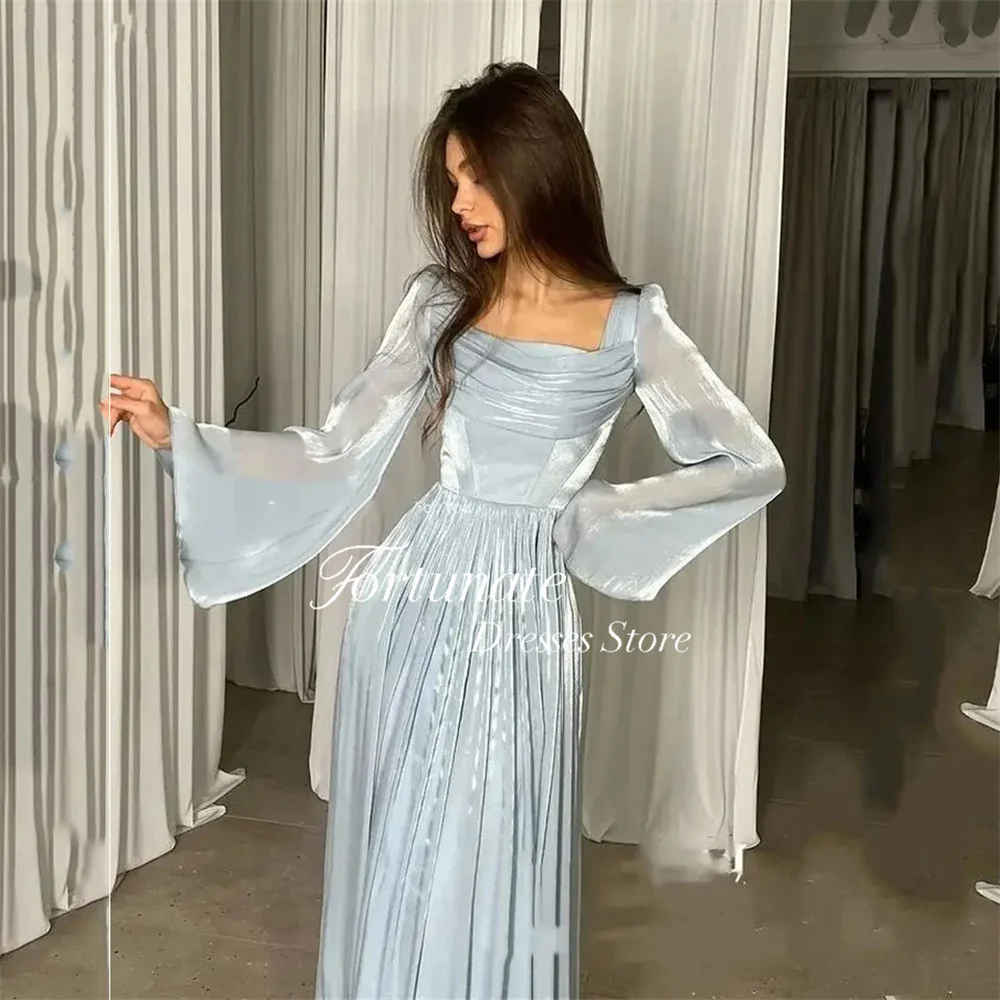 Customized Elegant Blue Organza Pleated Evening Dresses Simple Long Sleeves A-Line Square Collar Prom Party Gown 2025