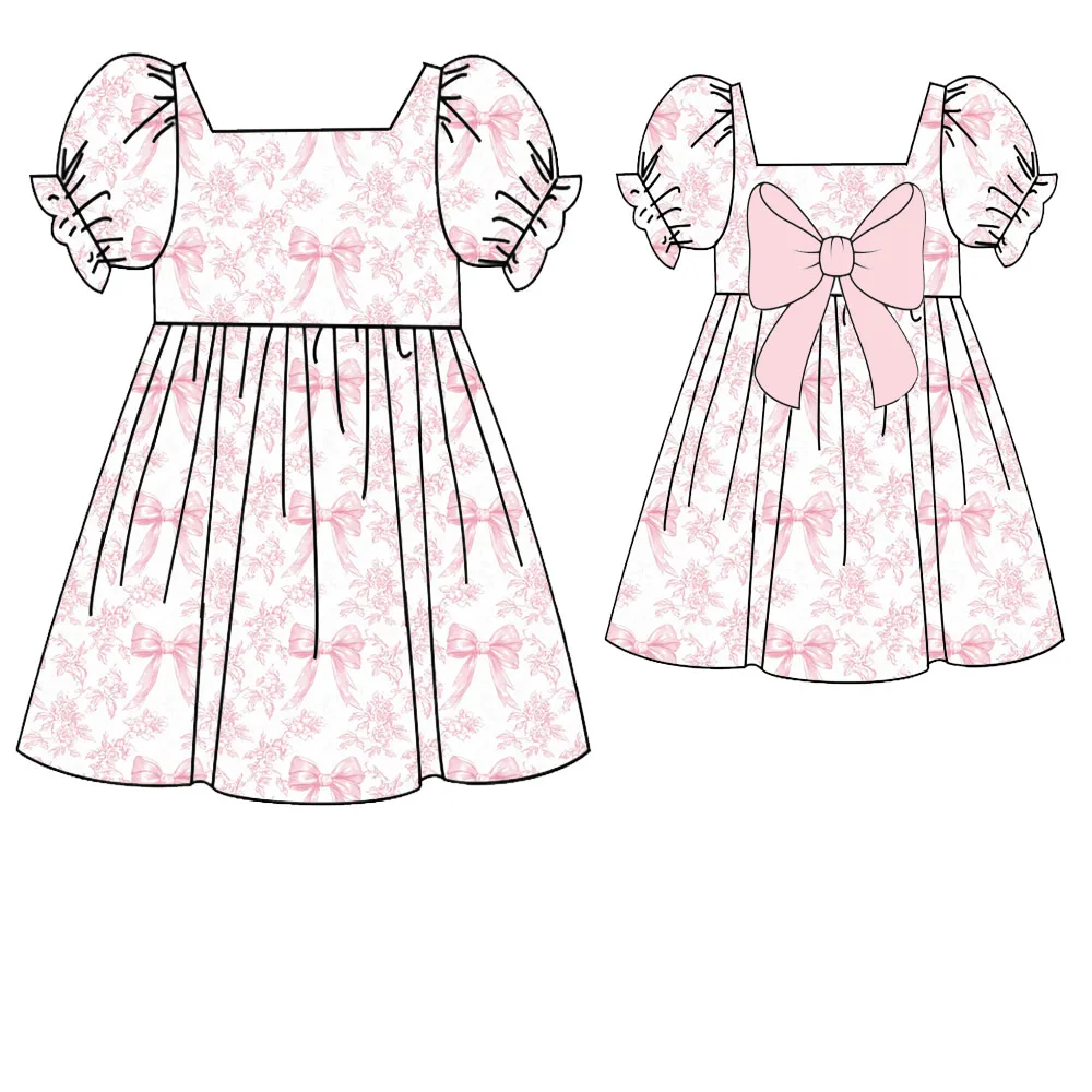 Boutique girl's puff-sleeved dress with bow flower and heart print and bow at the back custom
