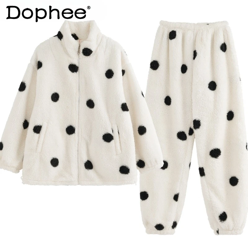 

Женская пижама INS в японском стиле из кораллового флиса в горошек, осень и зима 202, новый теплый комплект домашней одежды на утолщенной флисовой подкладке