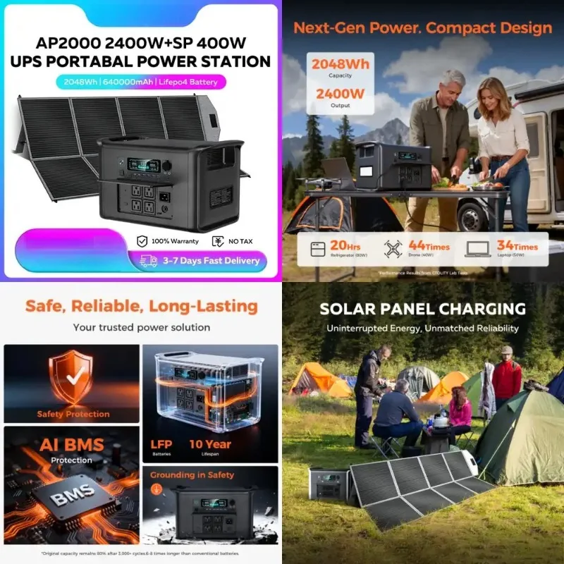 

CTOLITY Camping Portable Power Station Solar Generator 2400W 2048Wh Lifepo4 Battery 220V AC Output 400W 41V Flexible Solar