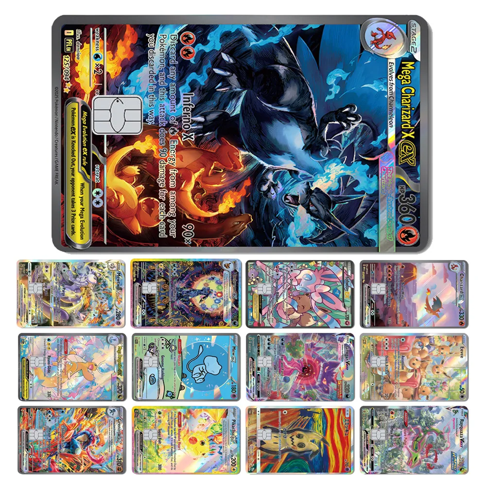 Adesivo Holográfico a Laser para Cartão de Crédito Bancário com Tema de Cartas TCG: Magic Shark, Mew, Charizard EX, Eevee, Gengar, Pikachu