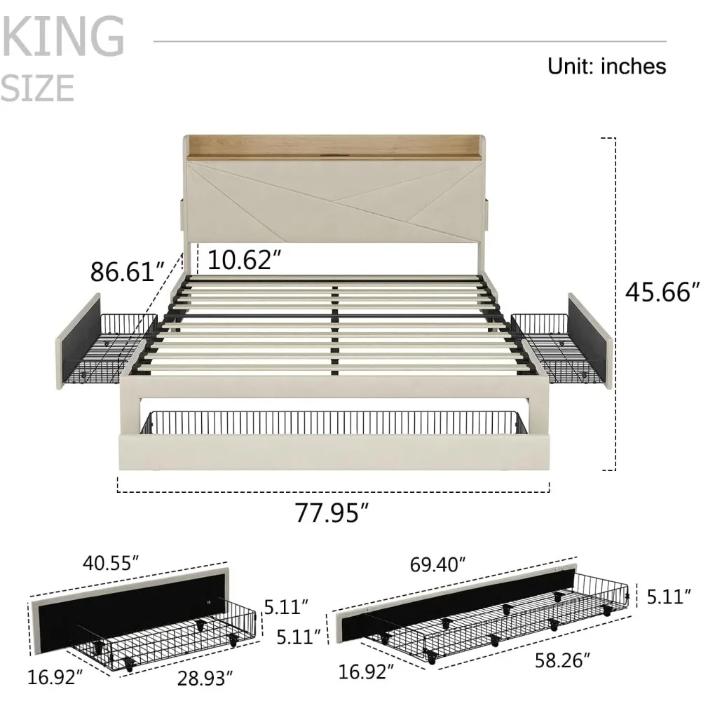 Bed Frame King Size with 3 Drawers, Upholstered King Size Bed Frame with Storage Headboard, AC USB & Type C Charge Station