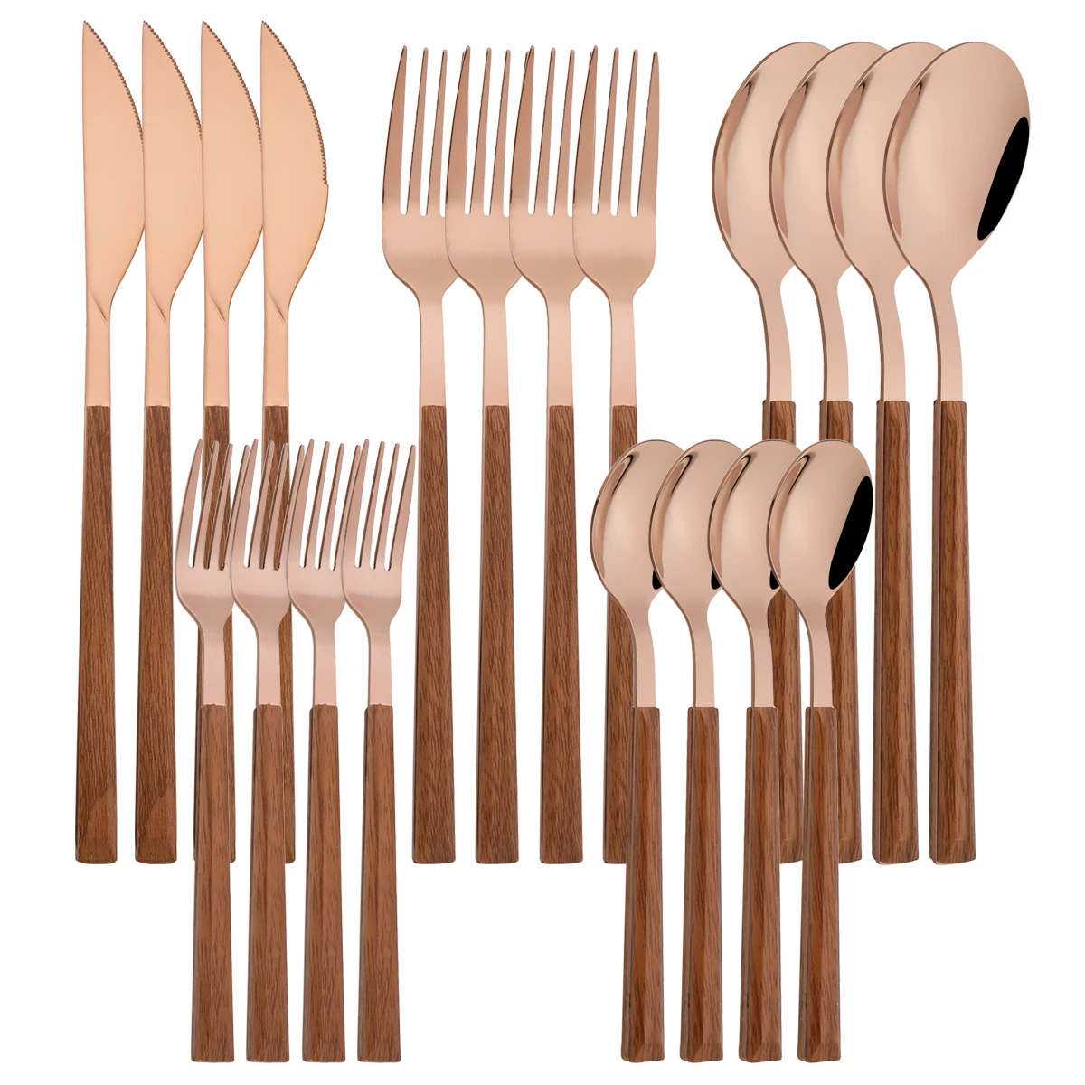 20Pcs Creative Rose Tableware Imitation Wood Handle Cutlery Set Knife Dessert Fork Spoon Dinnerware Set Stainless Steel Flatware