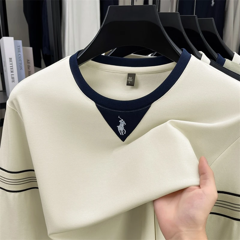 Luxury Men's Long Sleeved T-Shirt Polo Shirt Color-Blocking Stripes Business Casual Exquisite Embroidery Round Neck Men's Tops
