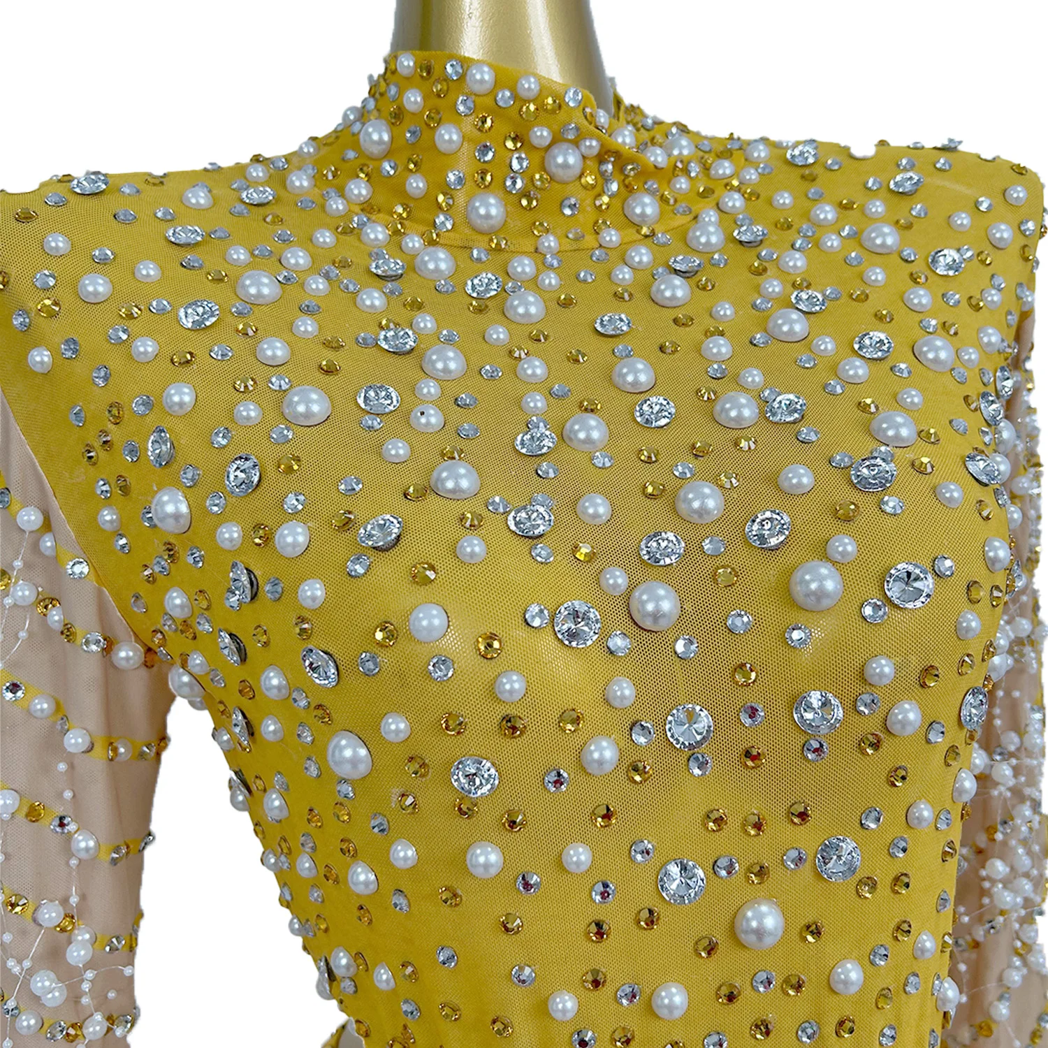 

Women Yellow Celebrate Evening Formal Feather Dress Drag Queen 2 Pcs Pearls Dinner Concert Festival Showgirl Costume Fentiyumao