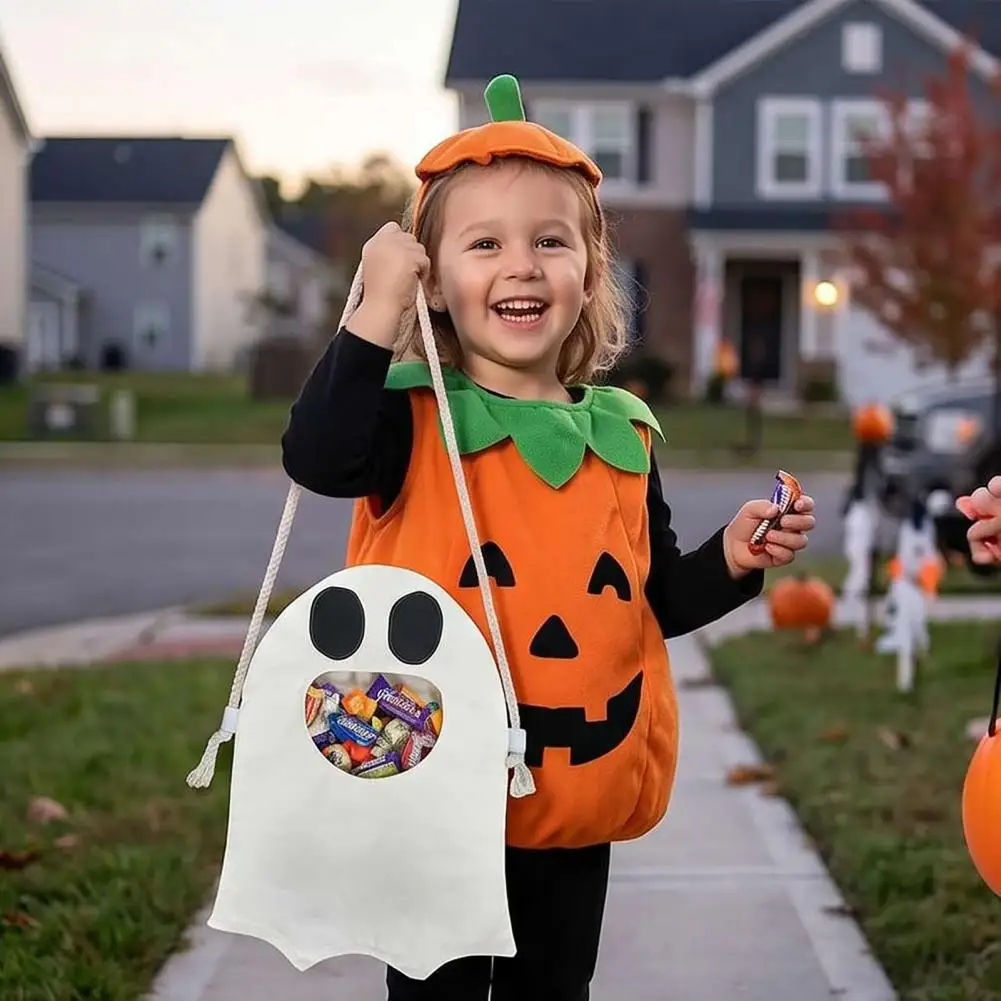 Pumpkin Halloween Bag Halloween Trick or Treat Candy Bag for Kids Cute Ghost Snack Holder with Handle Oxford Cloth Halloween