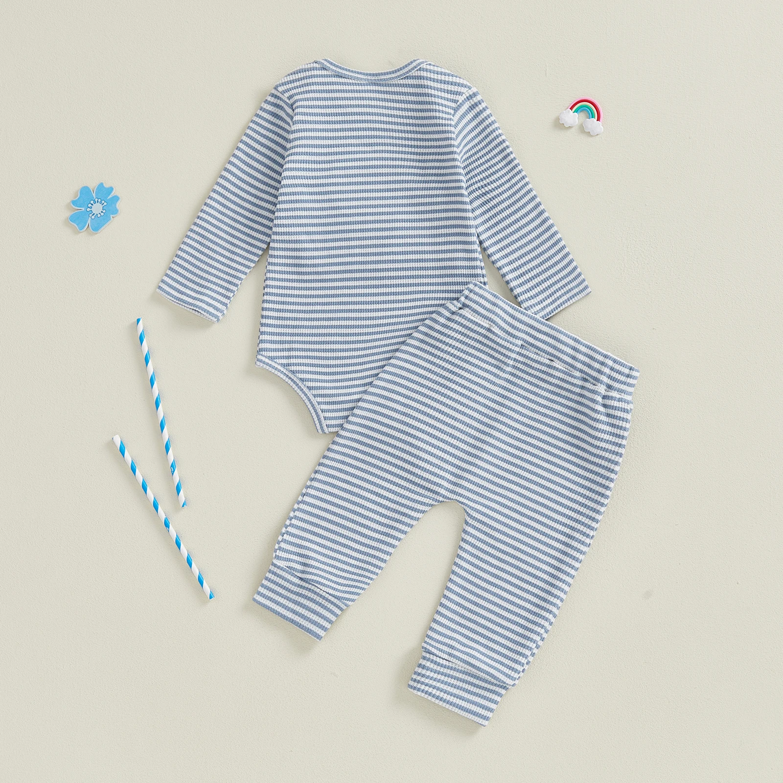 

Newborn Baby Boy 2 Piece Outfits Fashion Striped Letter Embroidery Long Sleeve Crew Neck Romper and Elastic Waist Pants Set