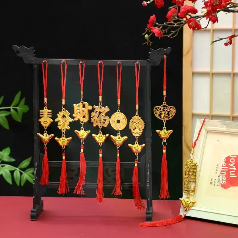 Chinese New Year Gold Ingot Hanging Ornaments Lucky Fu Design Red Tassel For Home Car Spring Festival Decor
