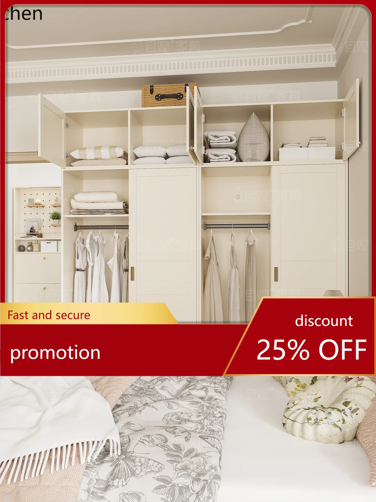HT Vintage Style Combination Wardrobe Sliding Door Hanging Closet Top-to-Bottom Sliding Door Clothing Storage Cabinet Full Wall