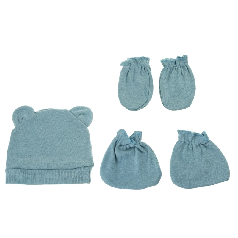 3 Pcs/Set Solid Color Spring Autumn Summer Ear Baby Anti Scratching Soft Cotton Gloves Hat Foot Cover Set