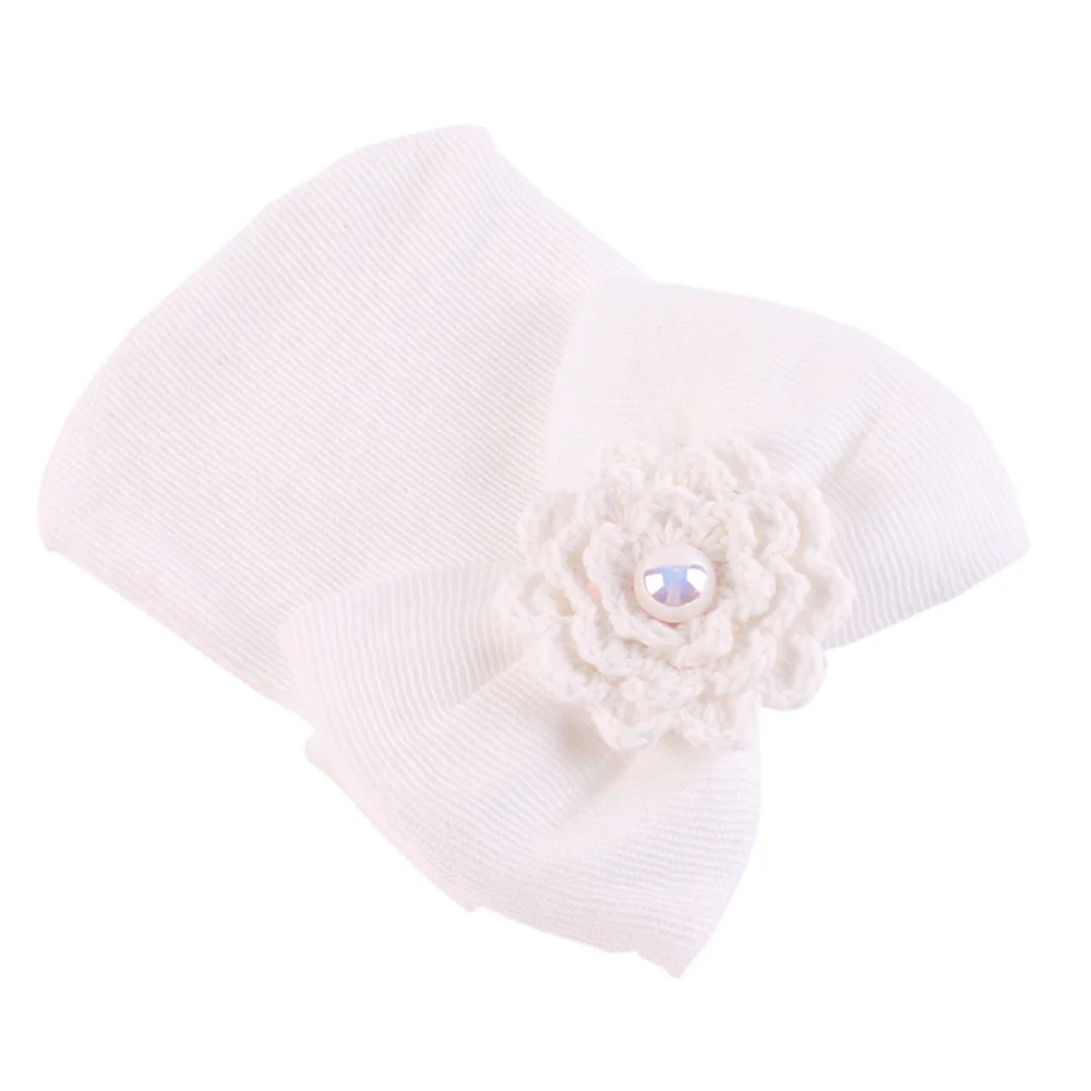 

Infant Newborn Baby Cotton Flower Bowknot Hat White Knit Beanie Cap Soft Comfortable Stylish Nursery Baby Hat Infant Cap