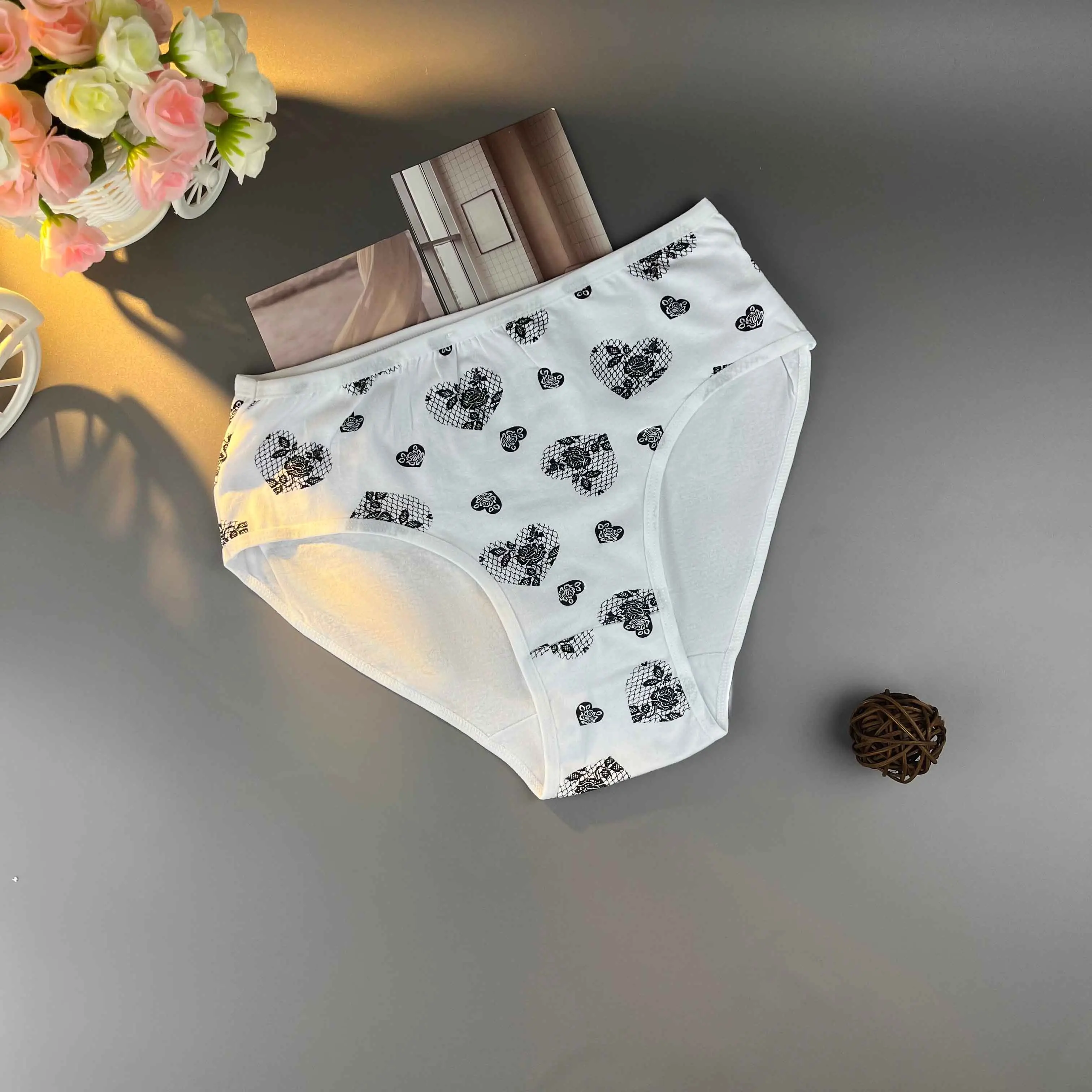 9팩 하트 꽃무늬, 소프트, 미드라이즈 트라이앵글 레이디 속옷, 6가지 모듬 색상 여성용 팬티 팬티, 여성용 란제리