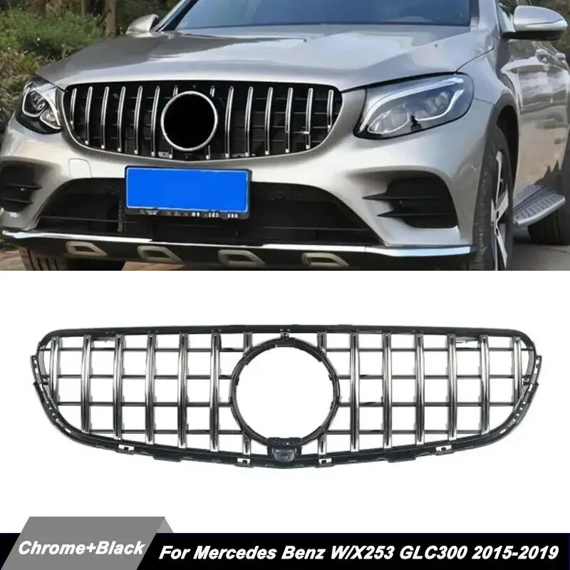 Chrome+Black Front Hood Grille Racing Bumper Grill  W/ Camera Hole For 2016 2017 2018 2019 Mercedes C253/X253 GLC300