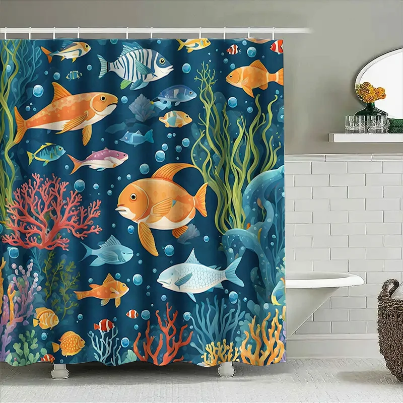 ستارة دش عالمية تحت الماء مطبوعة مرجانية على شكل سمكة نابضة بالحياة لديكور الحمام قماش مقاوم للماء مع حلقات بمقاسات مختلفة متوفرة #4