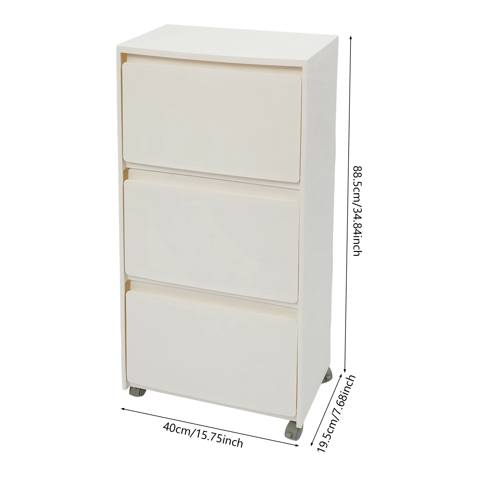 White 3 Tier PP Storage Cabinet With 4 Universal Wheels 2 Lockable Casters 10kg Max Load Injection Molding Floor Standing Rolling Organizer Drawer Unit Vertical Narrow Freestanding Household Storage Trolley For Living Room Bedroom