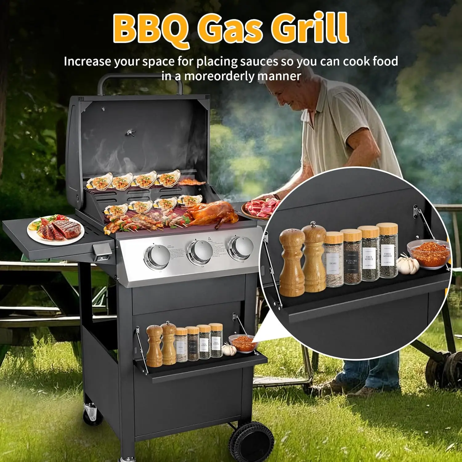 3 Burner Gas Grill, 30000 BTU Propane BBQ Grill for Summer Cook/Camp/Gift, Stainless Steel Barbecue Grill for Patio/Deck/Backyar