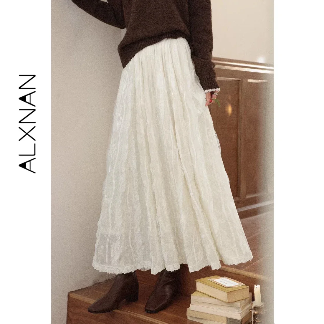 ALXNAN Women's Velvet Maxi Skirt Warm Off-white Lace Panel Elastic Waist A-line Skirts Ladies Elegant Flowy Long Skirt L60625