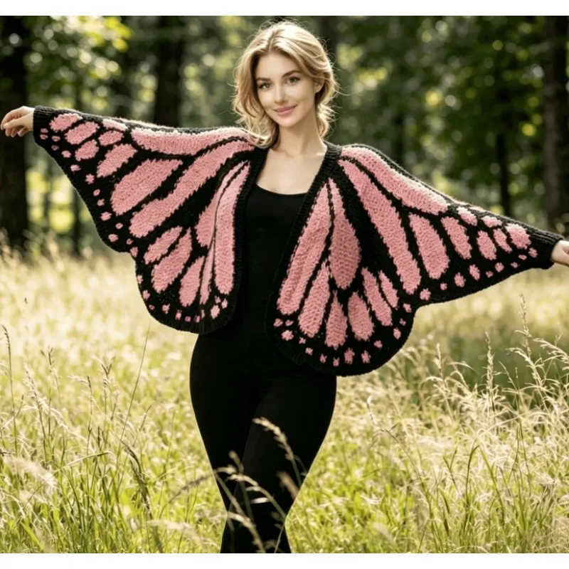 

Women Spring Autumn Butterfly Cape Crochet Knit Purple Irregular Stripe Cardigan for Office Air Conditioning and Evening Stroll