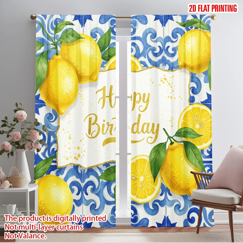 

2pcs 2D flat printing Window Drapes Happy Birthday Lemons Polyester Without Electricity 0 for Classroom Office
