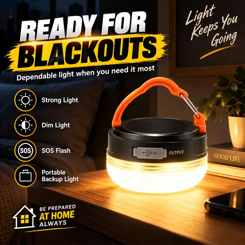 Outdoor LED Camping Lantern with Hook 3 Lighting Modes Strong Dim SOS Flash USB Rechargeable Portable Tent Light for Camping