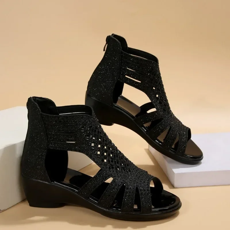 Fashion Rhinestone Wedge Sandals Women  Summer New Elegant Ladies Rome Shoes Hollow Sandals Female Black Casual Sandalias