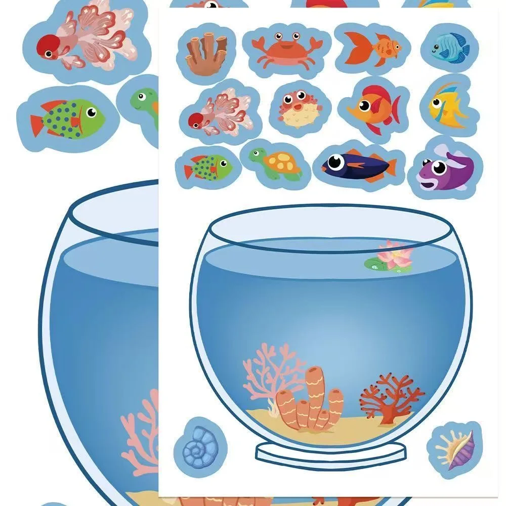 16pcs/pack Ins-style fun fish tank puzzle stickers, fish-themed educational craft collage toy for kids, DIY decorative sticker