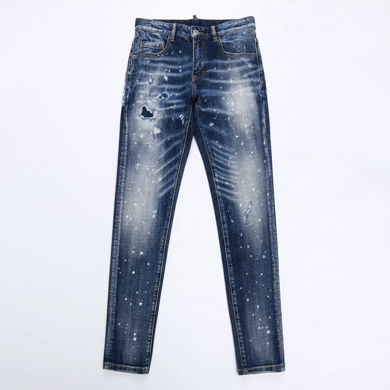 Designer High Street Fashion New Jeans Painted Scratched Water Washed Nostalgic Elastic Slimming Retro Blue Jeans Hip Hop Brand